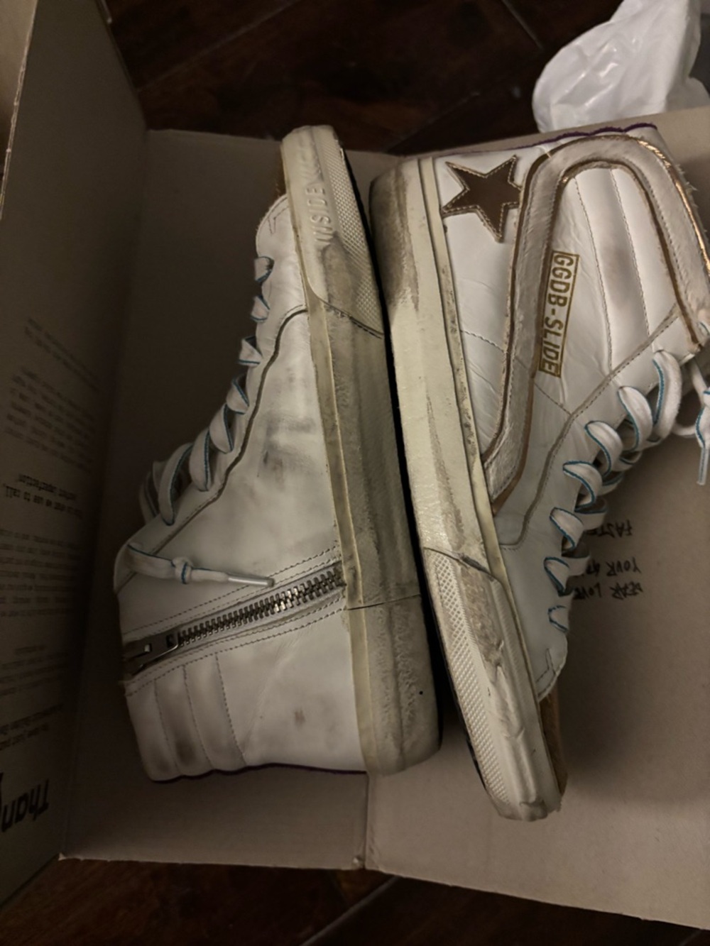 Neutral White tan leather w purple gold trim  accents slides ankle zip size 36